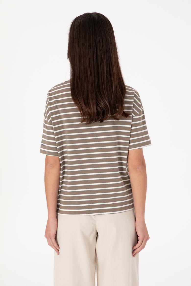 Kadın Vizon Çizgili Bisiklet Yaka Tişört - 50305911047