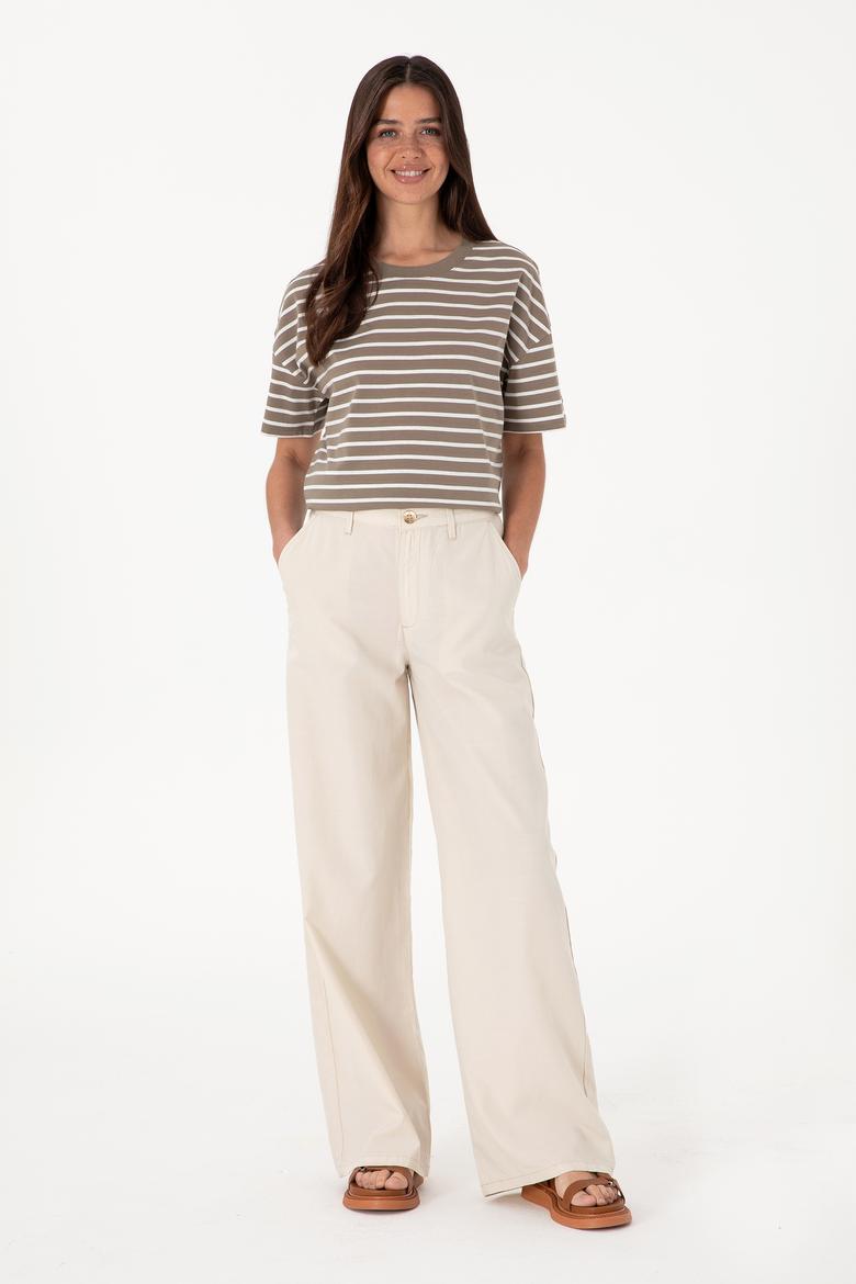 Kadın Vizon Çizgili Bisiklet Yaka Tişört - 50305911047