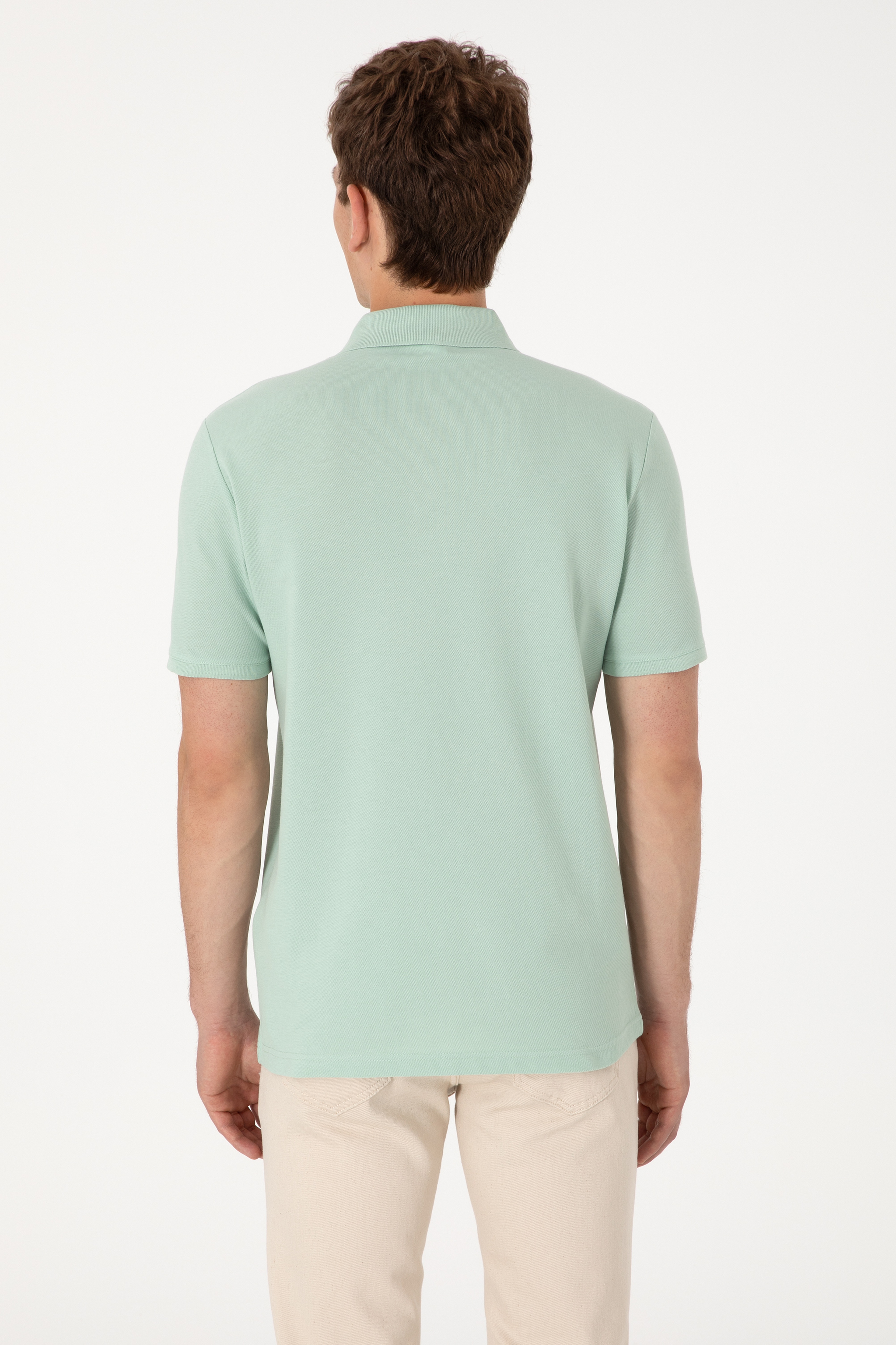 Erkek Regular Fit Polo Yaka Su Yeşili Basic Tişört - Image 7