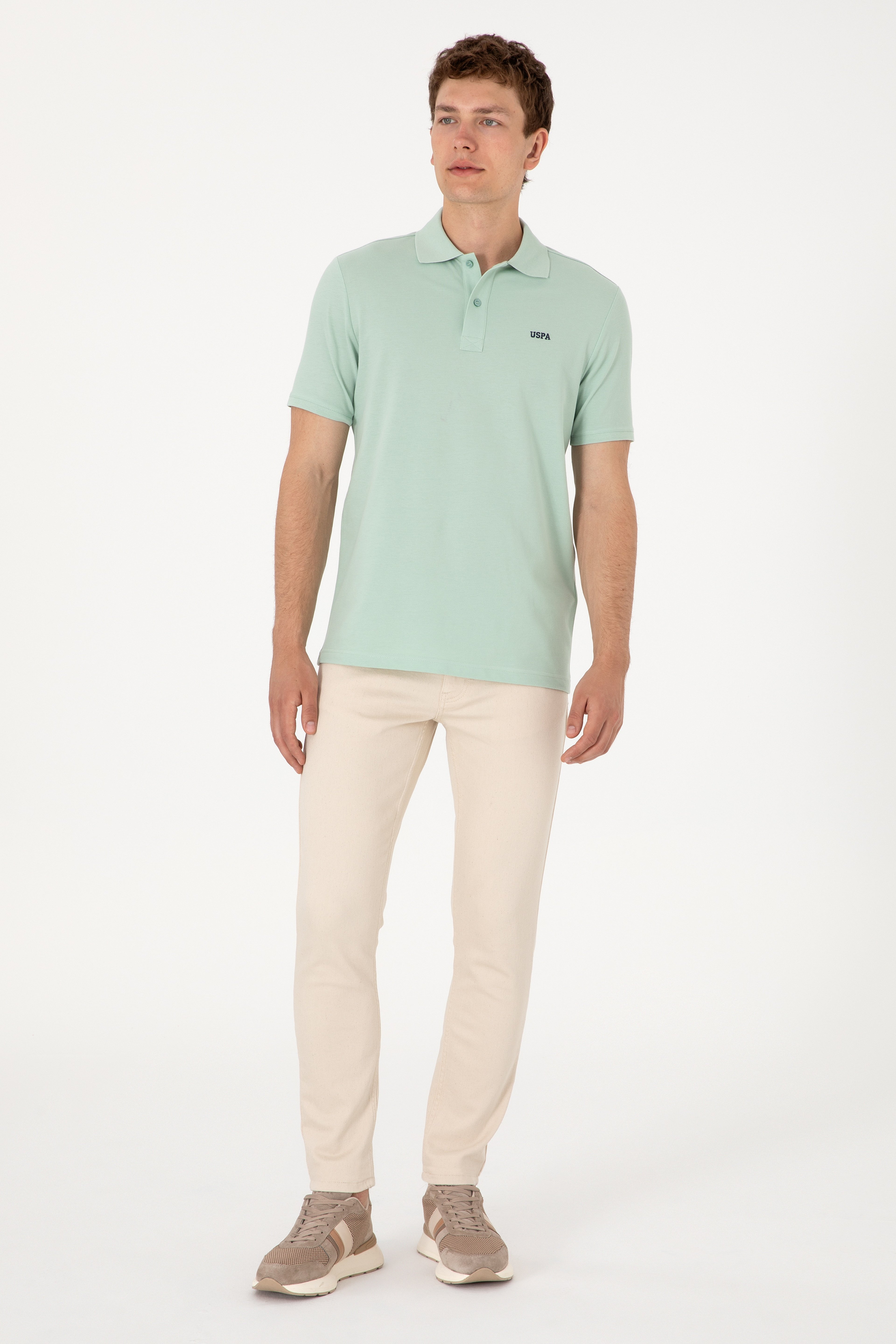 Erkek Regular Fit Polo Yaka Su Yeşili Basic Tişört - Image 6