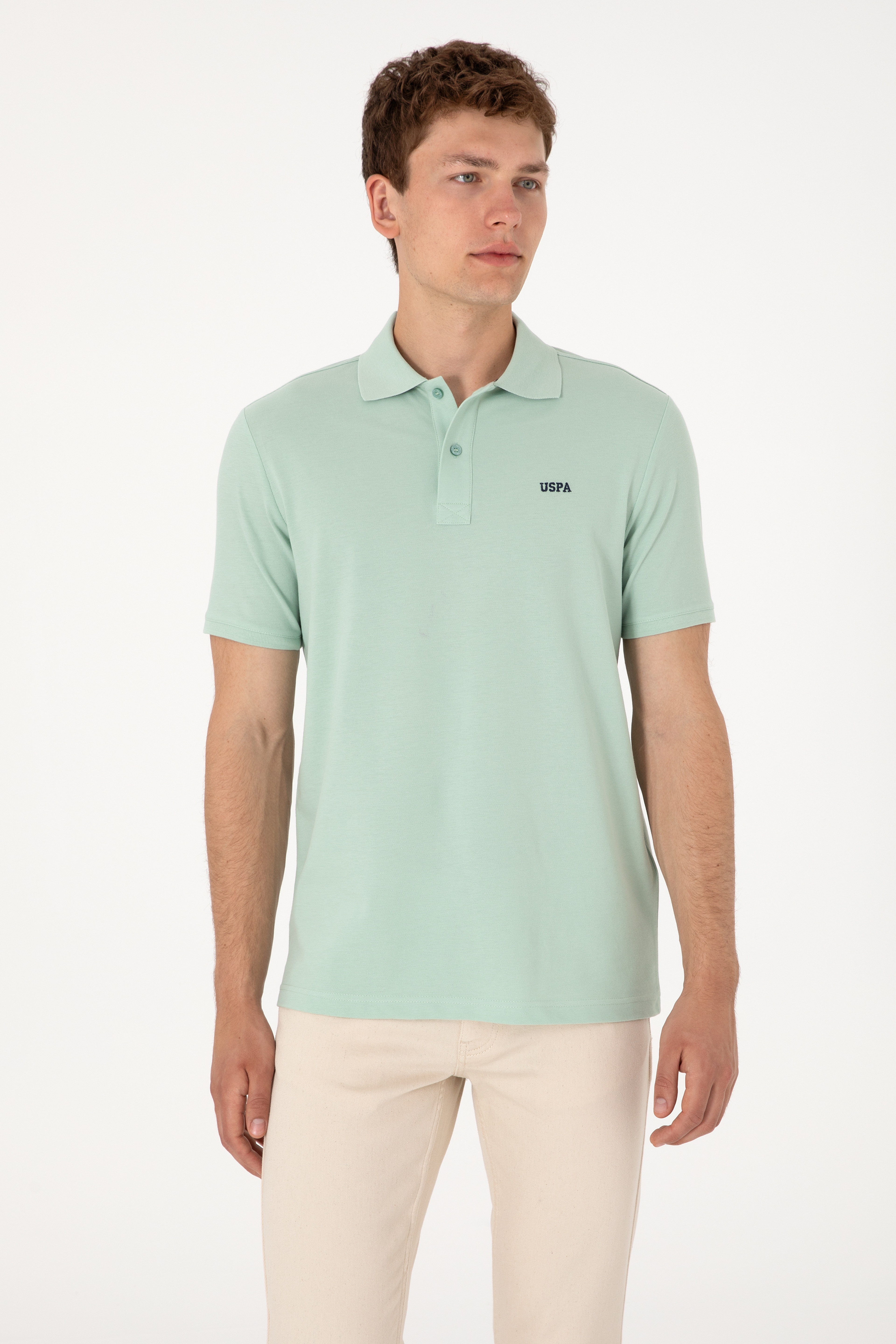 Erkek Regular Fit Polo Yaka Su Yeşili Basic Tişört - Image 5
