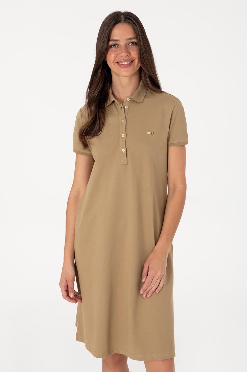 Kadın Haki Polo Yaka Mini Boy Örme Elbise