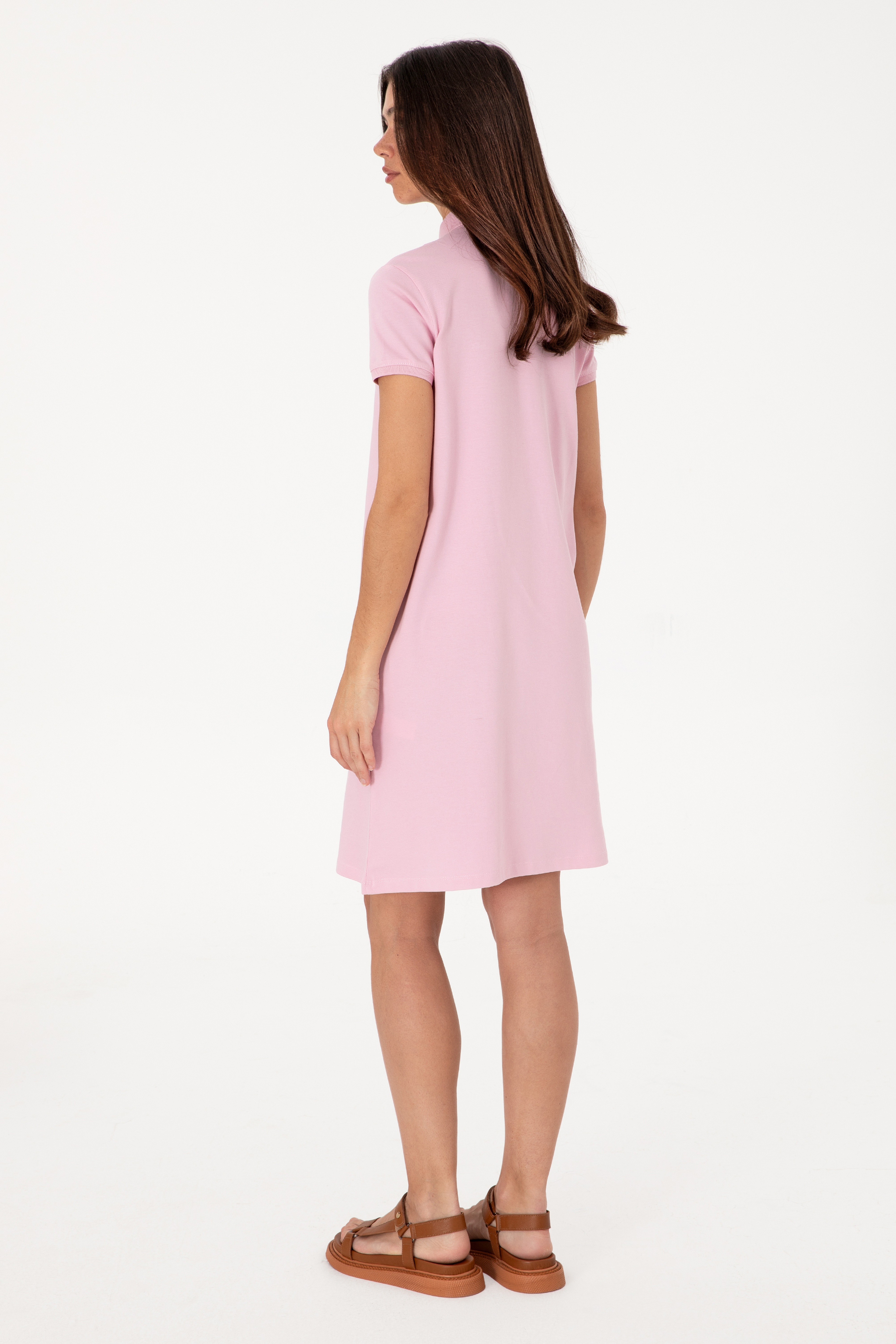 Kadın Açık Pembe Polo Yaka Mini Boy Örme Elbise - Image 4