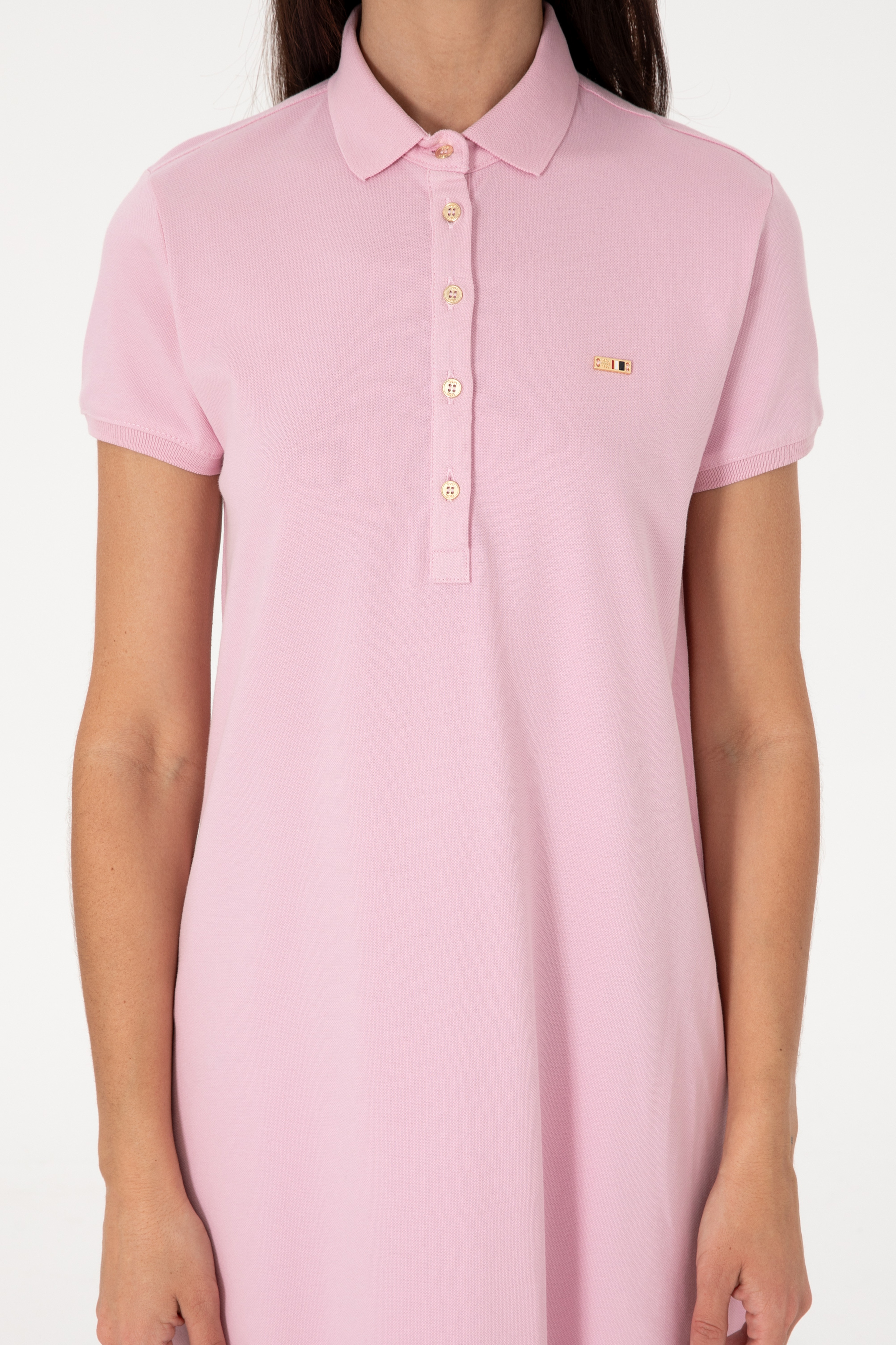 Kadın Açık Pembe Polo Yaka Mini Boy Örme Elbise - Image 5