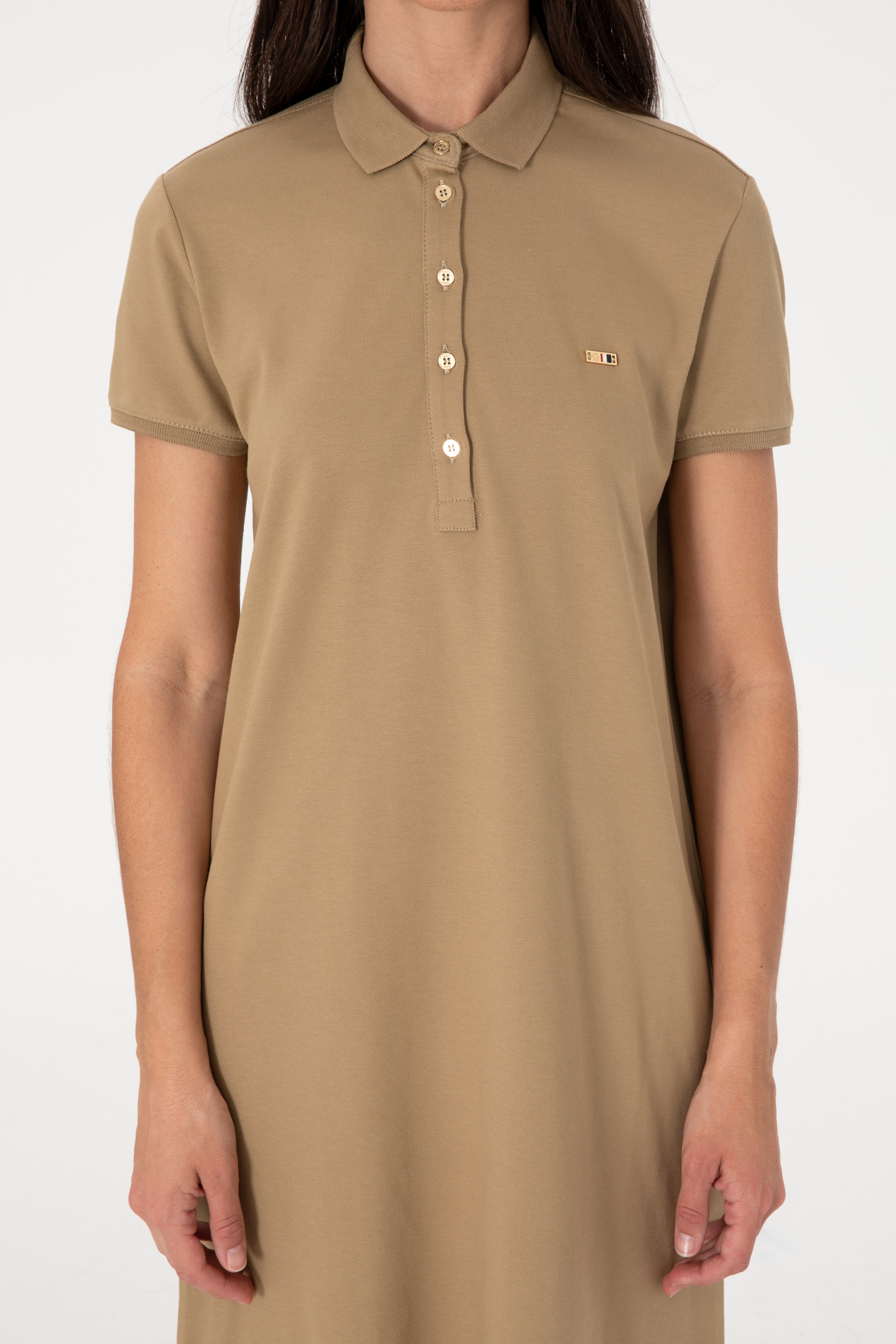 Kadın Haki Polo Yaka Mini Boy Örme Elbise - Image 5