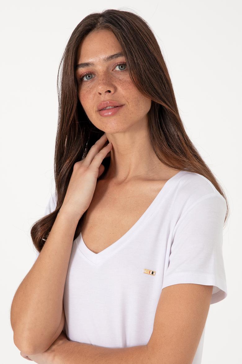 Kadın Beyaz Modal Karışımlı V Yaka Basic Tişört - 50305773003