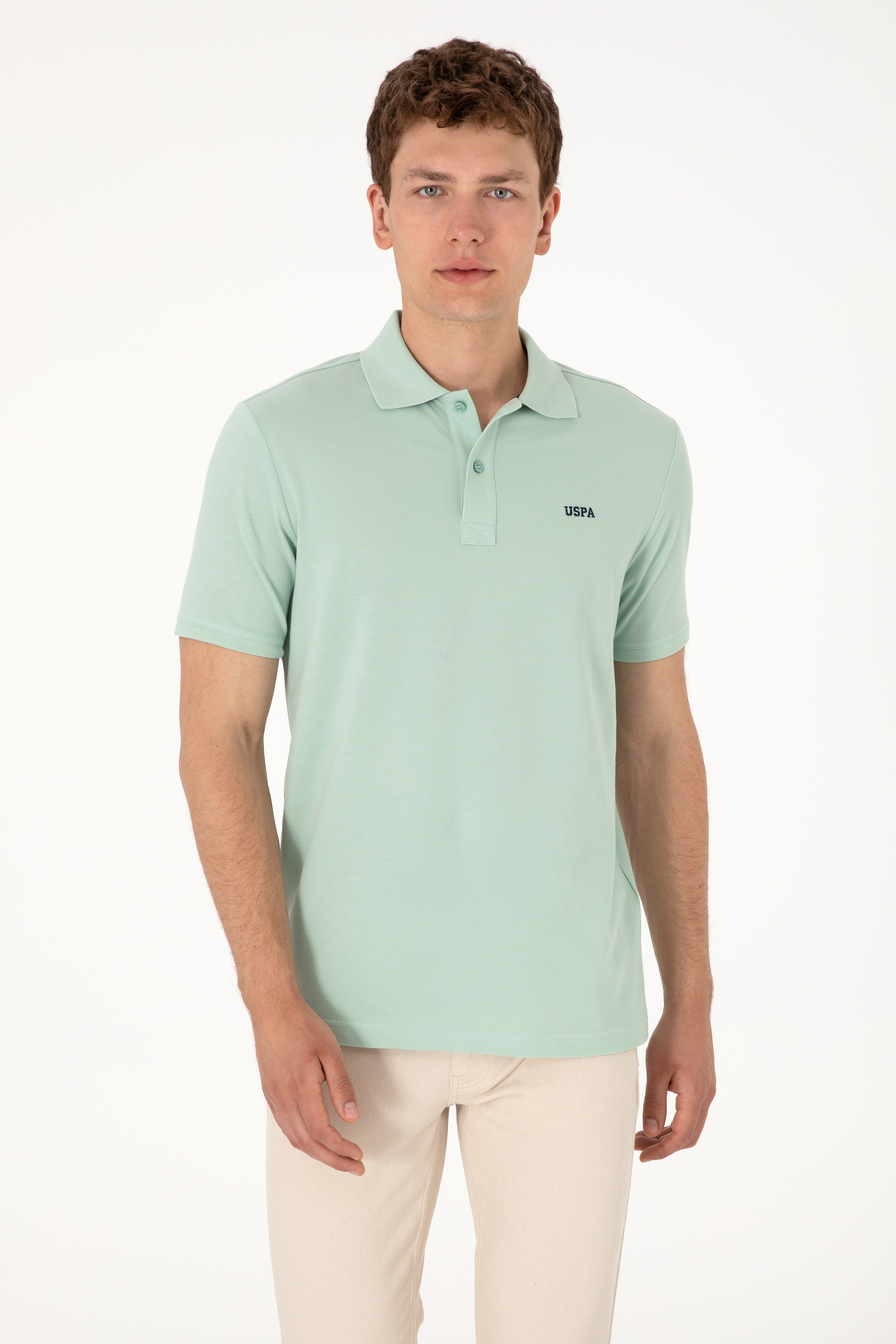 Erkek Regular Fit Polo Yaka Su Yeşili Basic Tişört - Image 1
