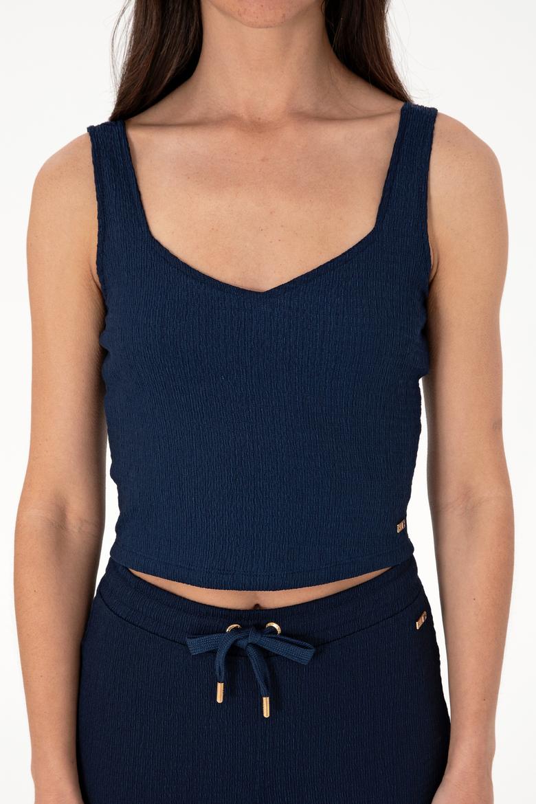 Kadın Lacivert Kolsuz V Yaka Tişört - 50306679012