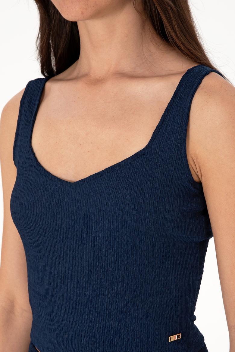 Kadın Lacivert Kolsuz V Yaka Tişört - 50306679012