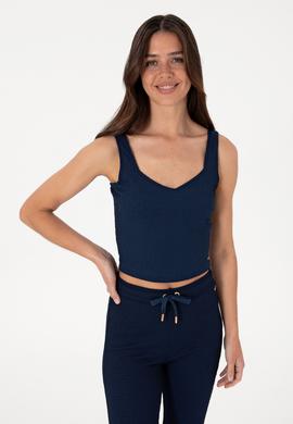 Kadın Lacivert Kolsuz V Yaka Tişört - 50306679012