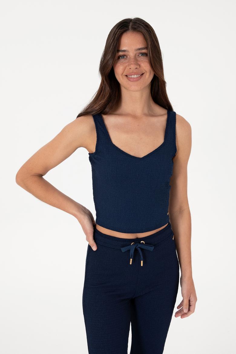 Kadın Lacivert Kolsuz V Yaka Tişört - 50306679012