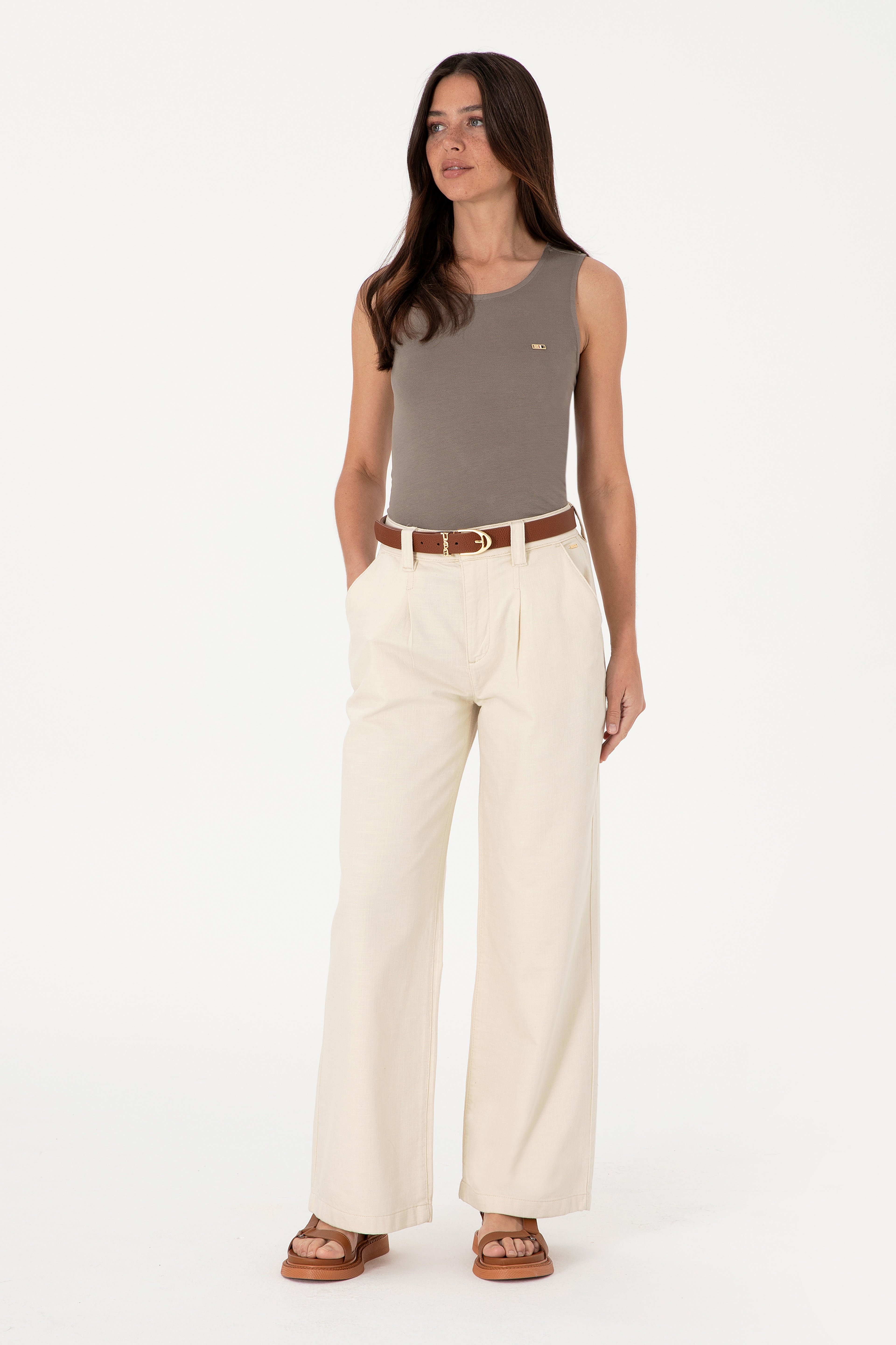 Kadın Ekru Loose Fit Kanvas Pantolon - Image 1