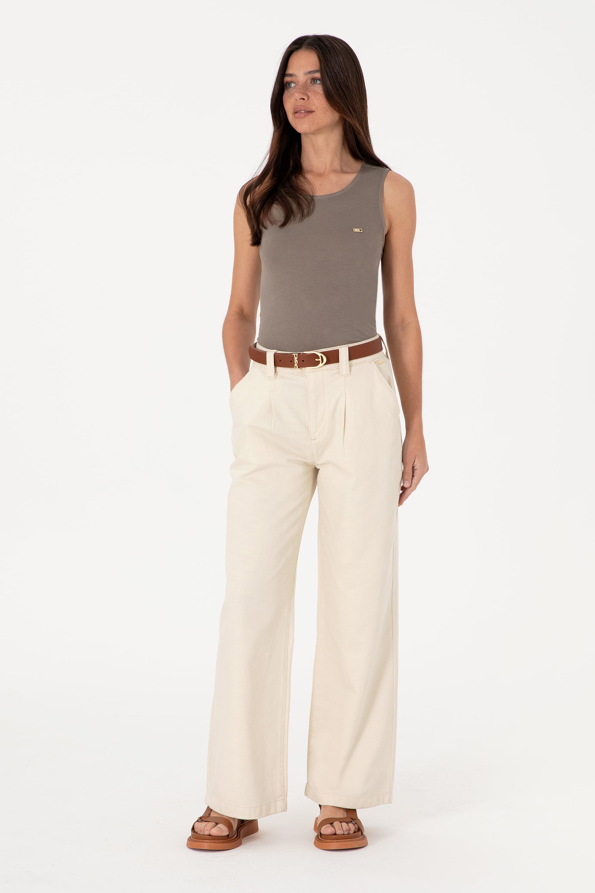Kadın Ekru Loose Fit Kanvas Pantolon