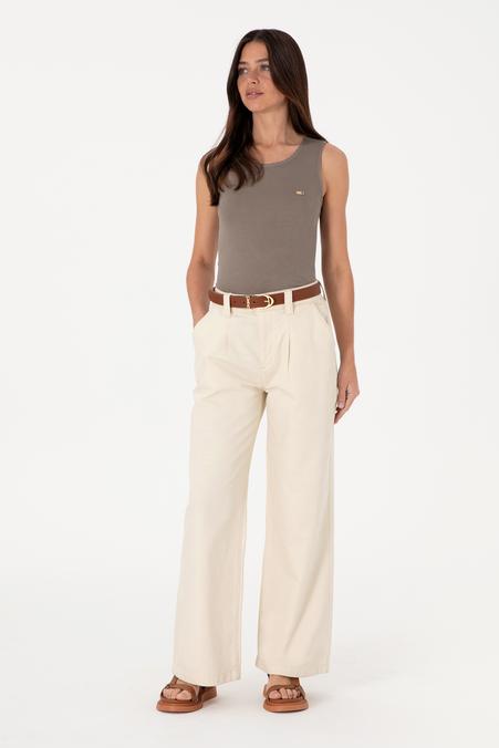 Kadın Ekru Loose Fit Kanvas Pantolon