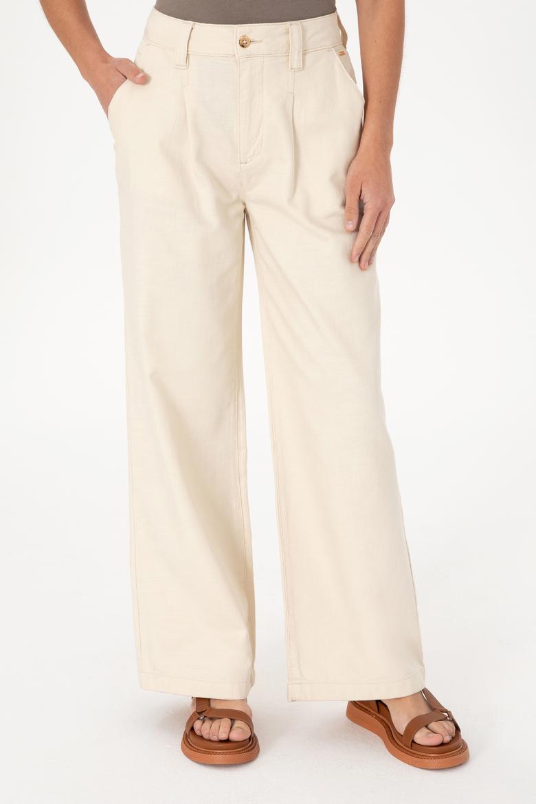 Kadın Ekru Loose Fit Kanvas Pantolon - 50309133003