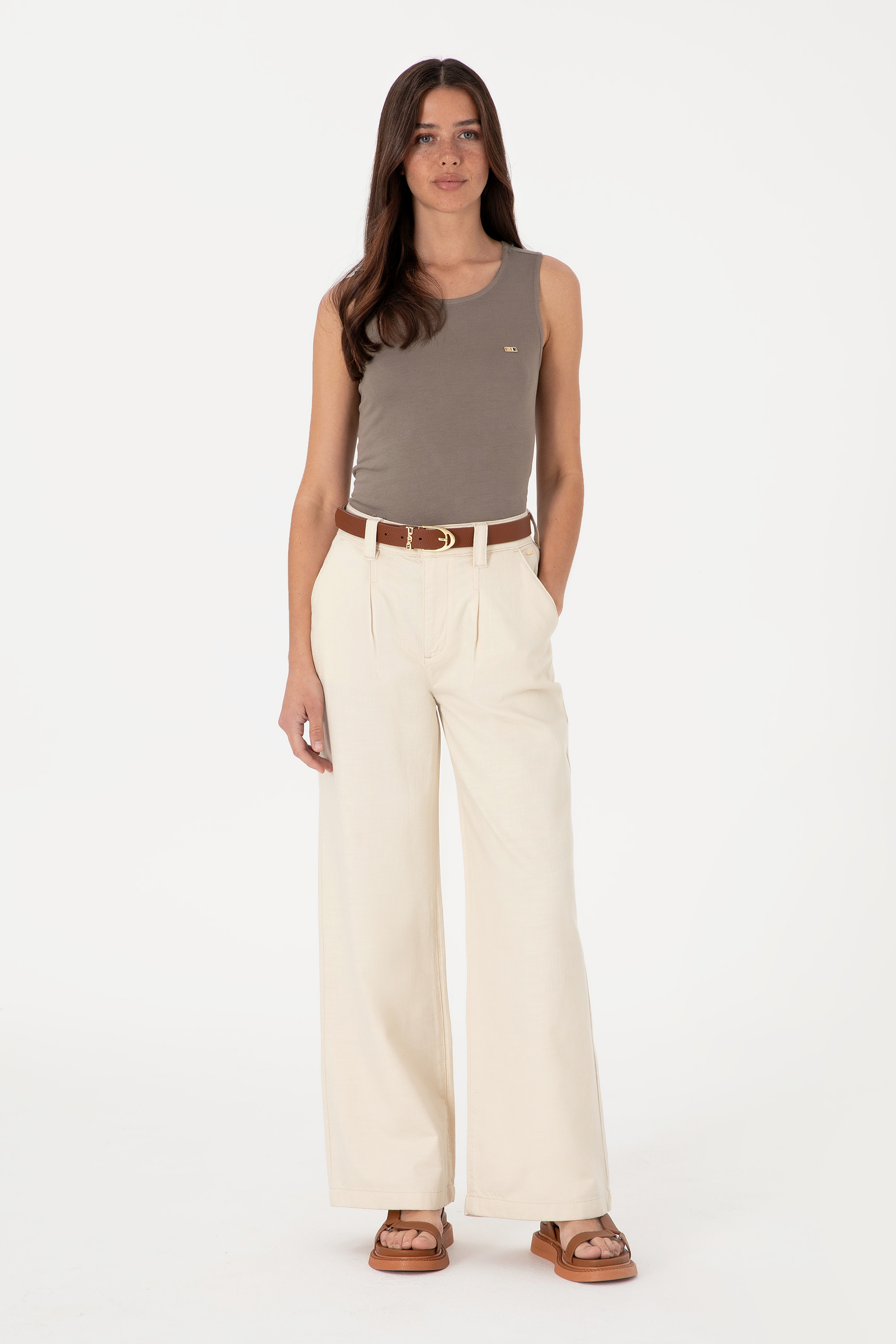 Kadın Ekru Loose Fit Kanvas Pantolon
