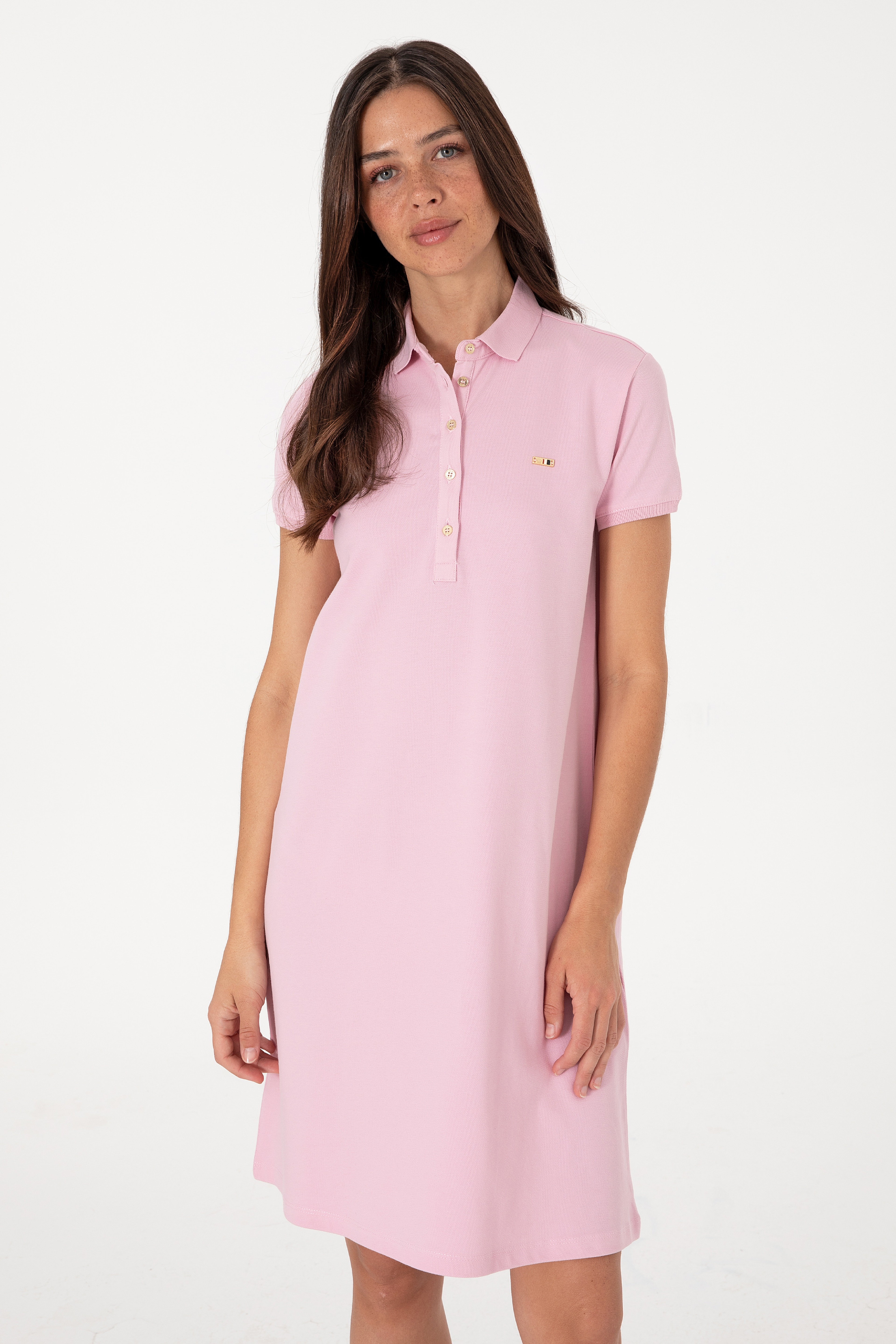 Kadın Açık Pembe Polo Yaka Mini Boy Örme Elbise - Image 2