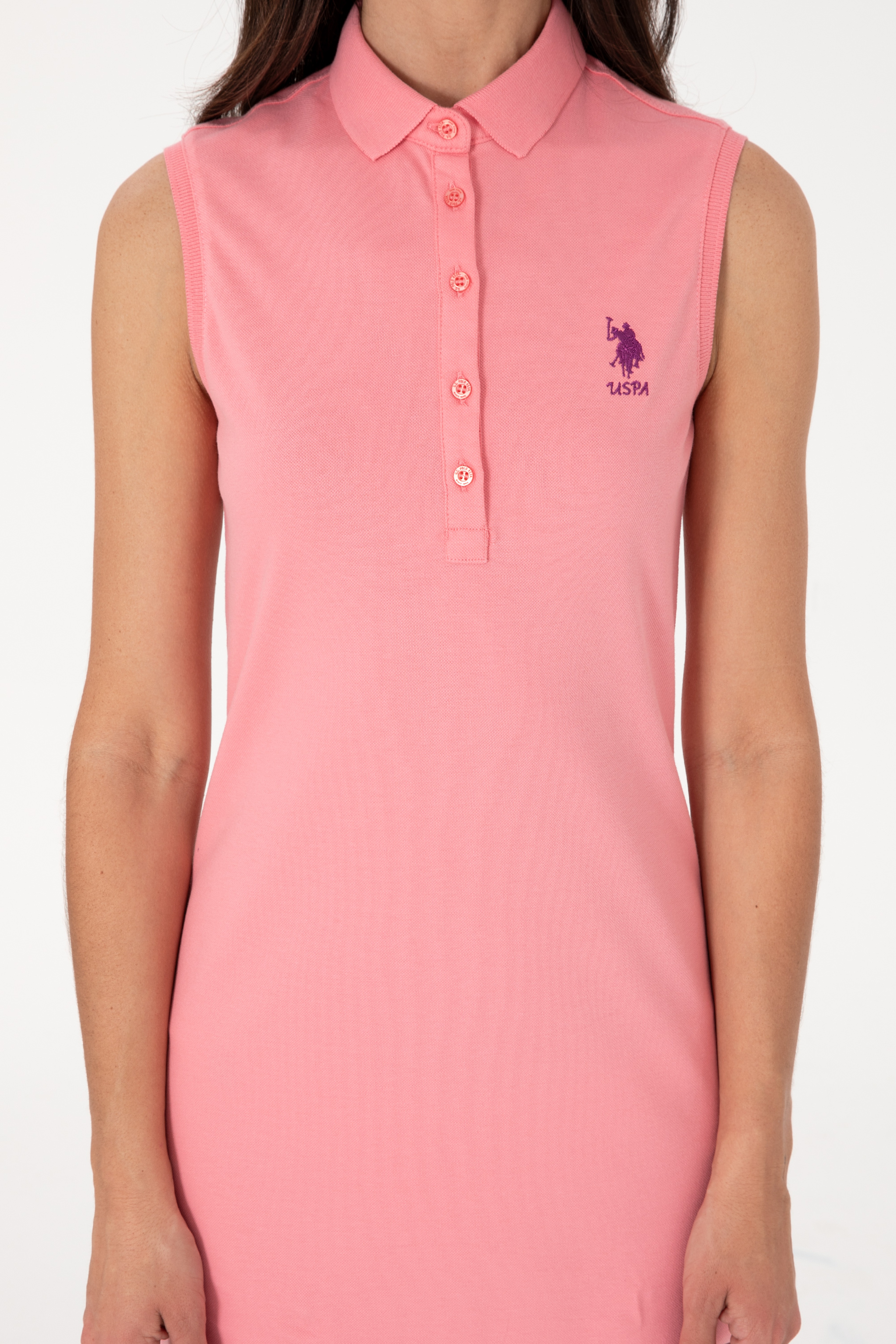 Kadın Pembe Kolsuz Polo Yaka Mini Boy Örme Elbise - Image 5
