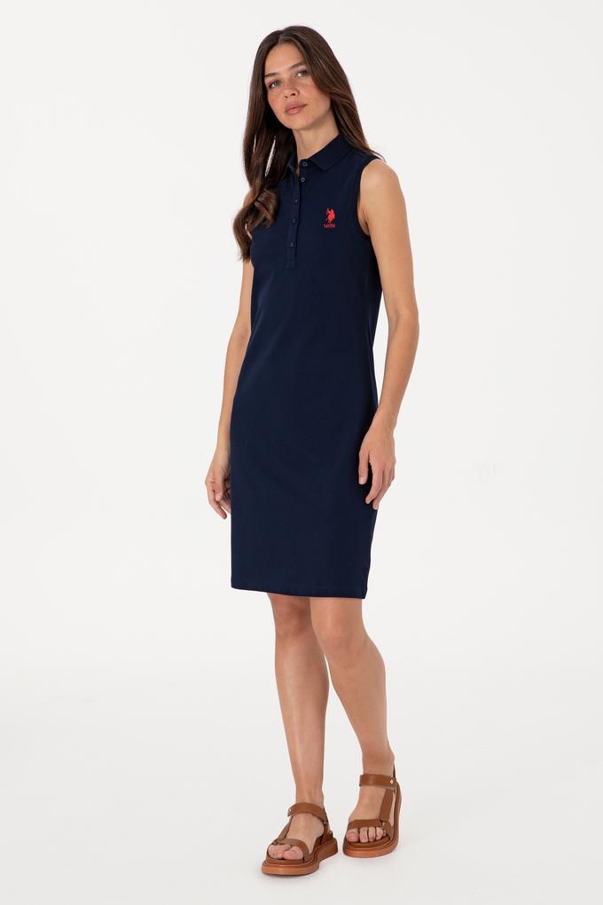 Kadın Lacivert Kolsuz Polo Yaka Mini Boy Örme Elbise