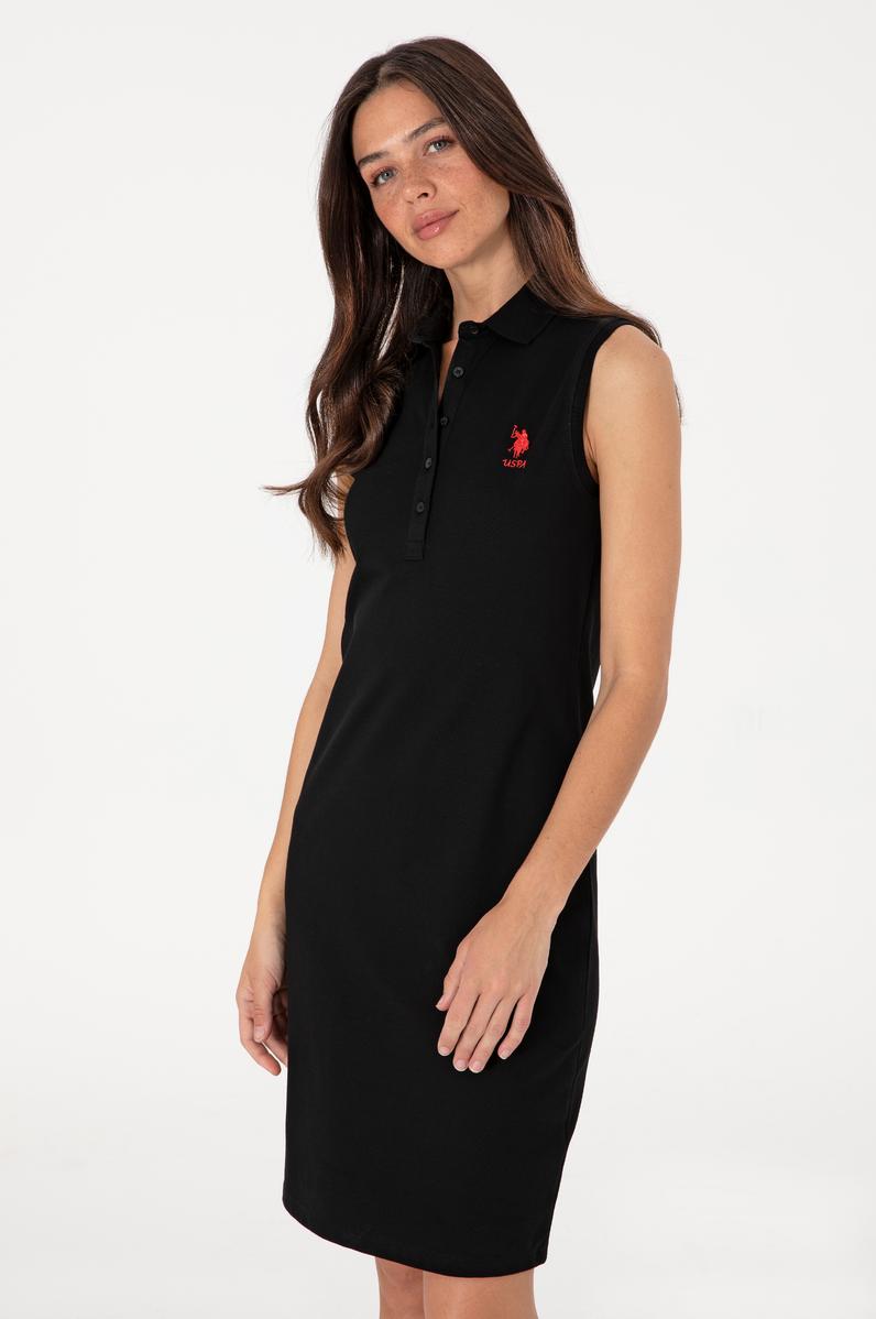 Kadın Siyah Kolsuz Polo Yaka Mini Boy Örme Elbise