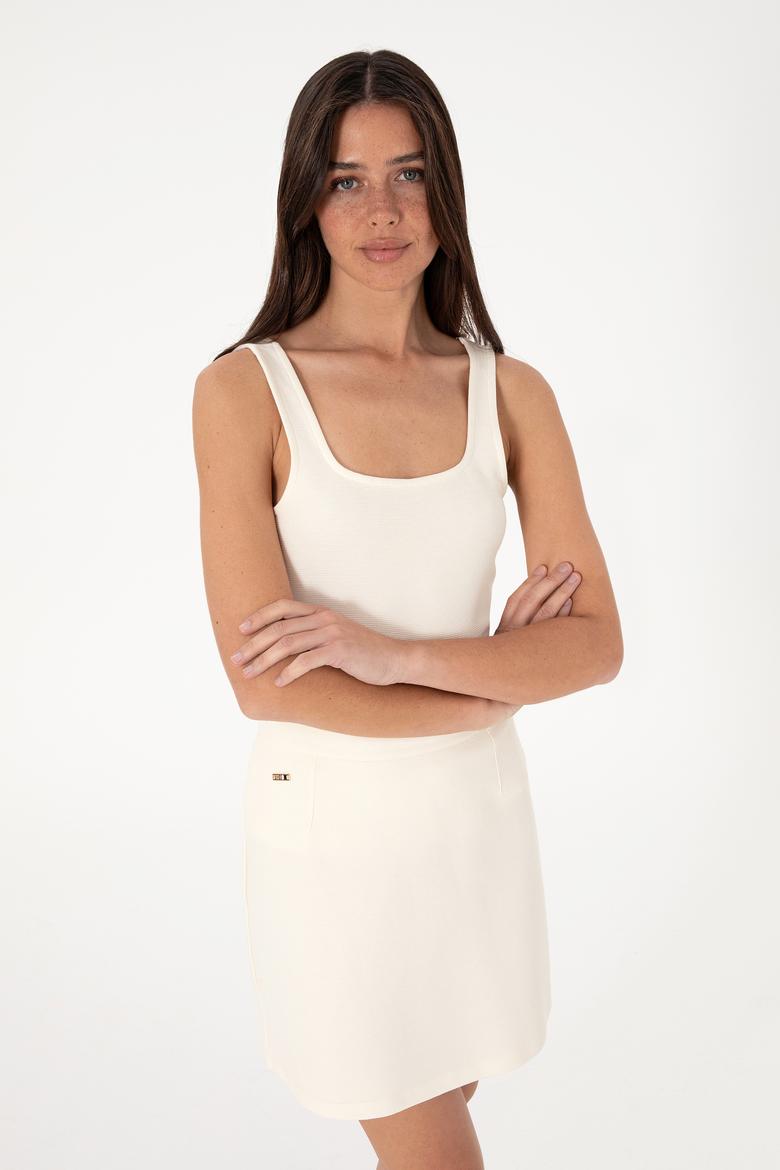 Kadın Krem Kolsuz Kare Yaka Tişört - 50306680028