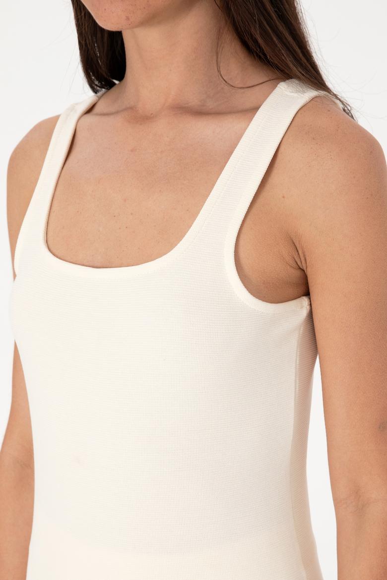 Kadın Krem Kolsuz Kare Yaka Tişört - 50306680028