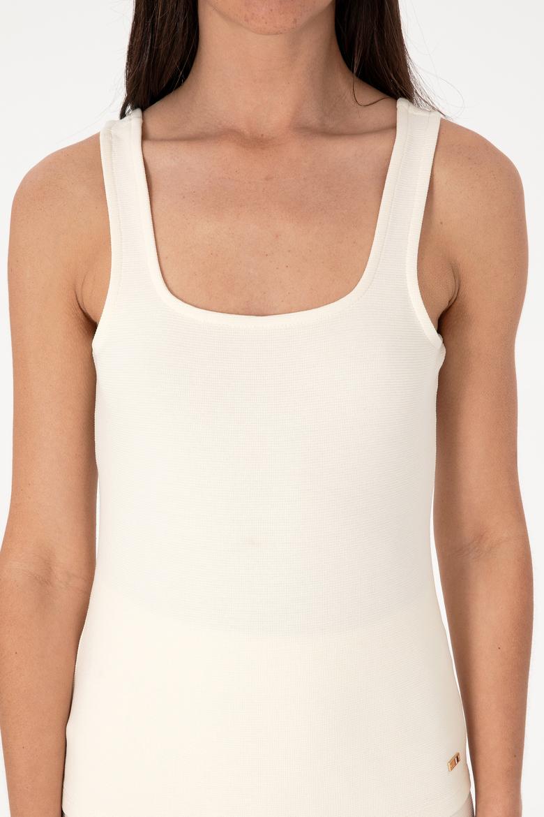 Kadın Krem Kolsuz Kare Yaka Tişört - 50306680028