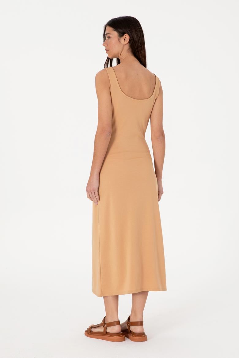 Kadın Camel Kolsuz Bisiklet Yaka Midi Boy Örme Elbise - 50306676040