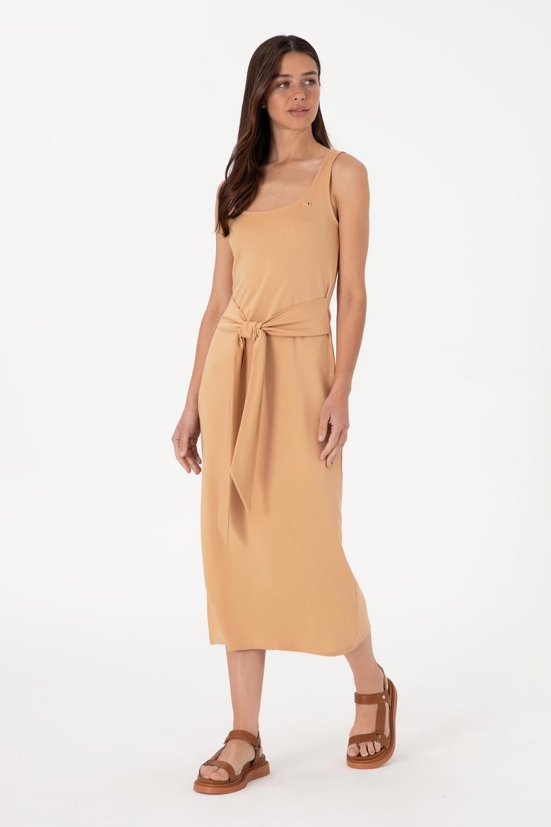 Kadın Camel Kolsuz Bisiklet Yaka Midi Boy Örme Elbise - 50306676040