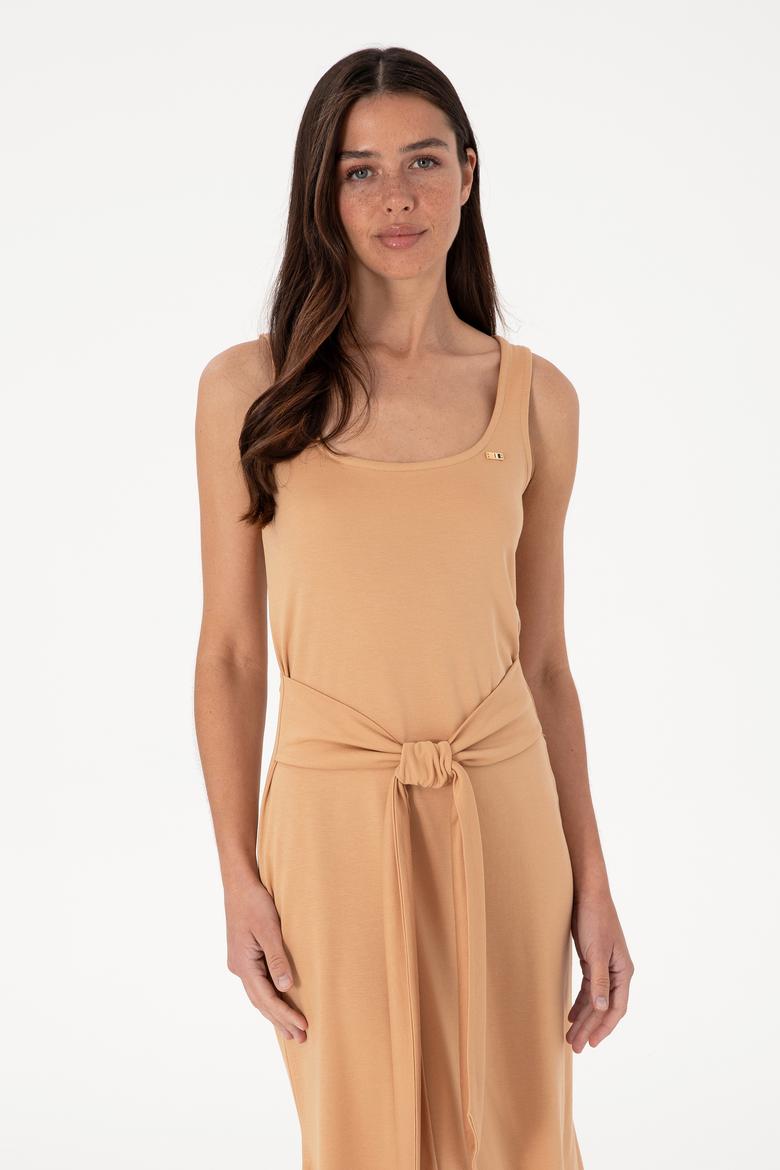 Kadın Camel Kolsuz Bisiklet Yaka Midi Boy Örme Elbise - 50306676040