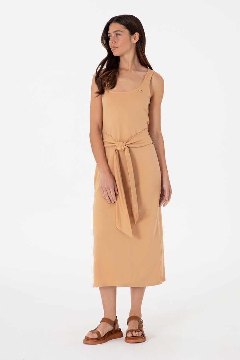 Kadın Camel Kolsuz Bisiklet Yaka Midi Boy Örme Elbise