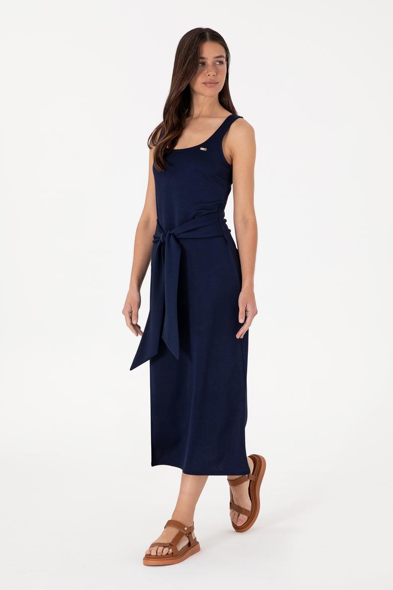 Kadın Lacivert Kolsuz Bisiklet Yaka Midi Boy Örme Elbise