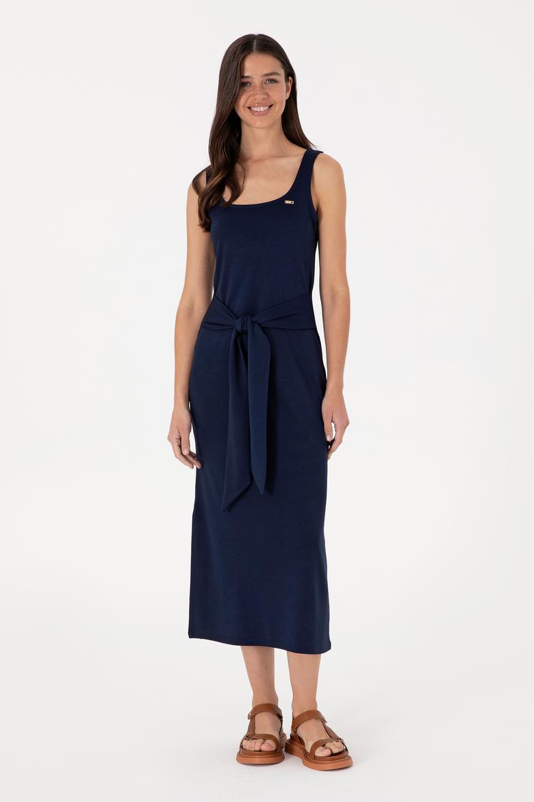 Kadın Lacivert Kolsuz Bisiklet Yaka Midi Boy Örme Elbise - 50306676043