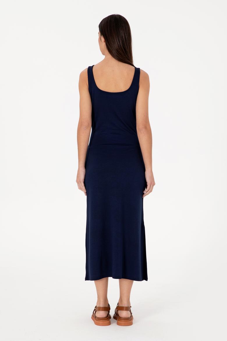 Kadın Lacivert Kolsuz Bisiklet Yaka Midi Boy Örme Elbise - 50306676043