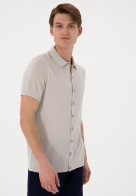 Erkek Regular Fit Açık Gri Düğmeli Triko Tişört - 50306455023