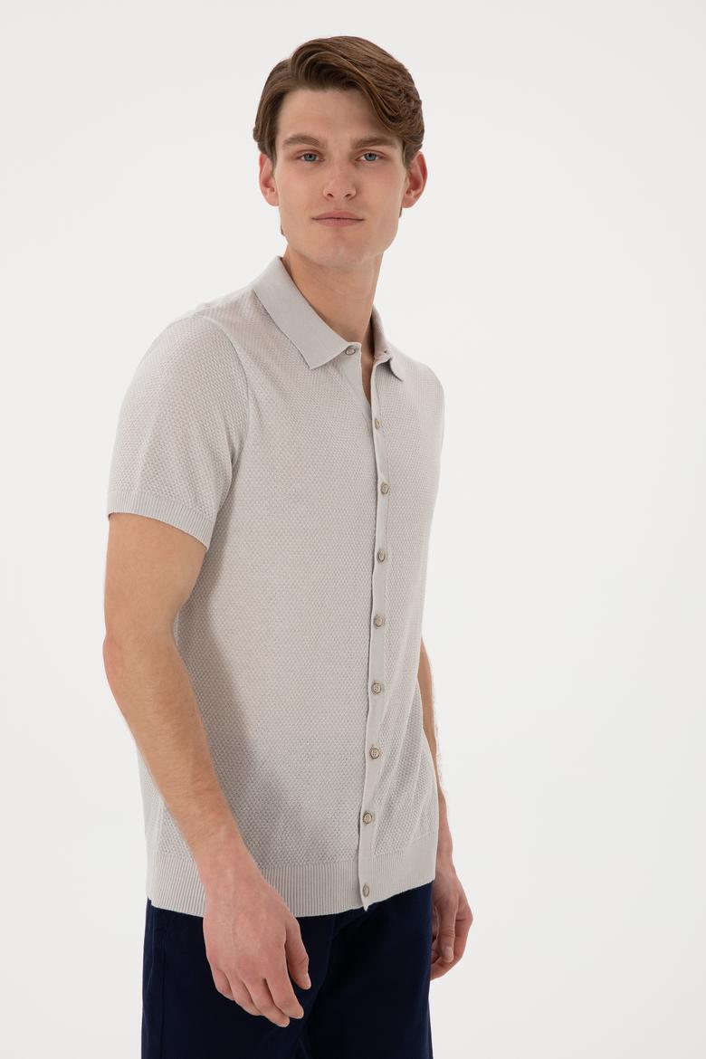 Erkek Regular Fit Açık Gri Düğmeli Triko Tişört - 50306455023