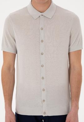 Erkek Regular Fit Açık Gri Düğmeli Triko Tişört - 50306455023