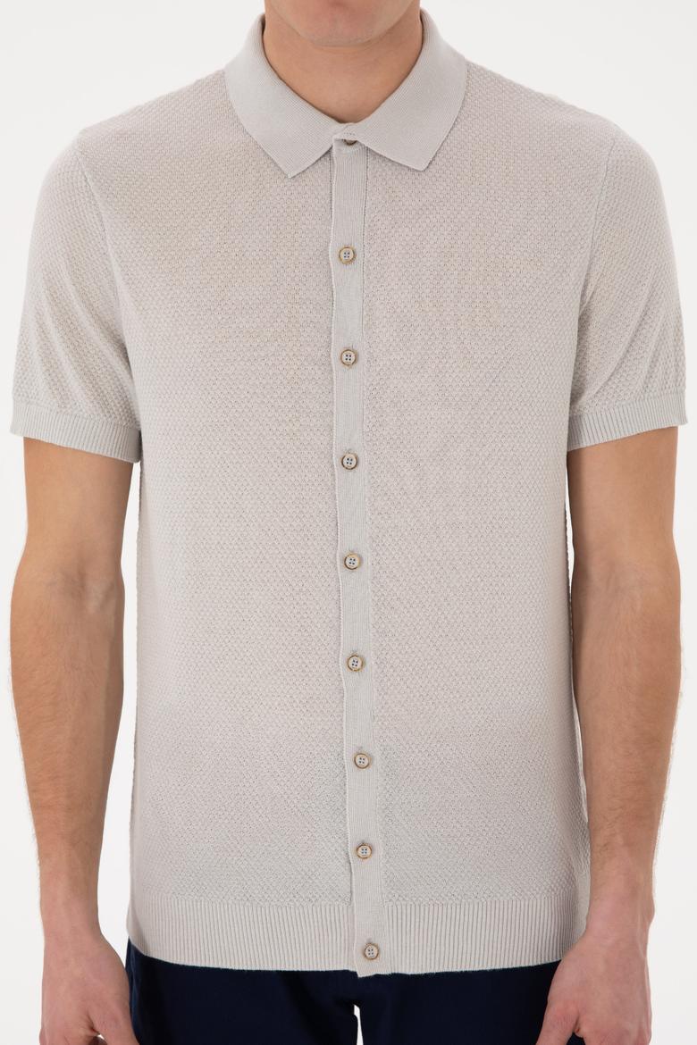 Erkek Regular Fit Açık Gri Düğmeli Triko Tişört - 50306455023