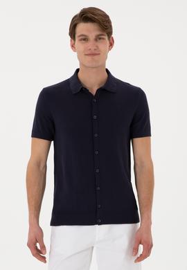 Erkek Regular Fit Lacivert Düğmeli Triko Tişört - 50306455033