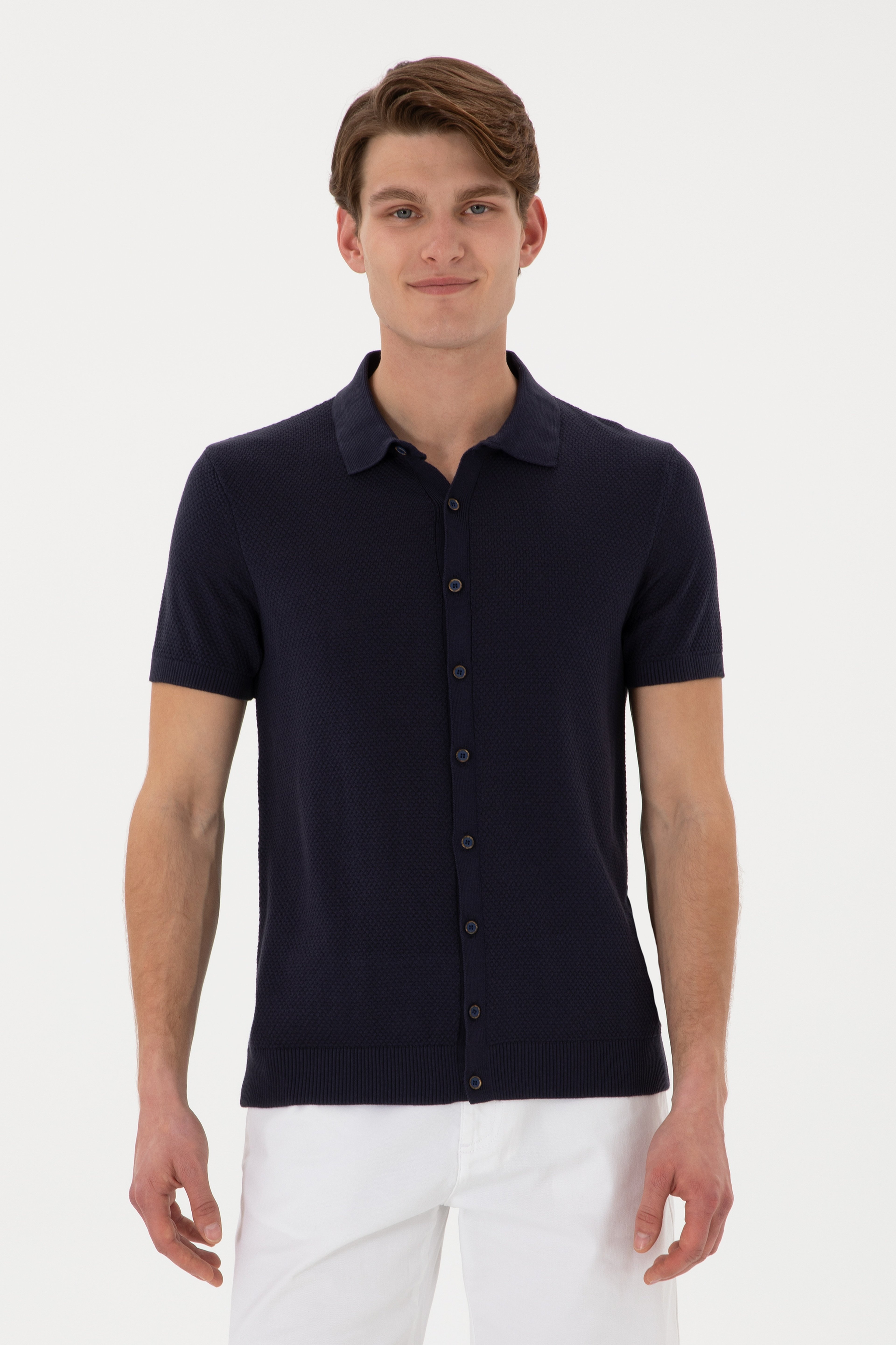 Erkek Regular Fit Lacivert Düğmeli Triko Tişört - Image 1