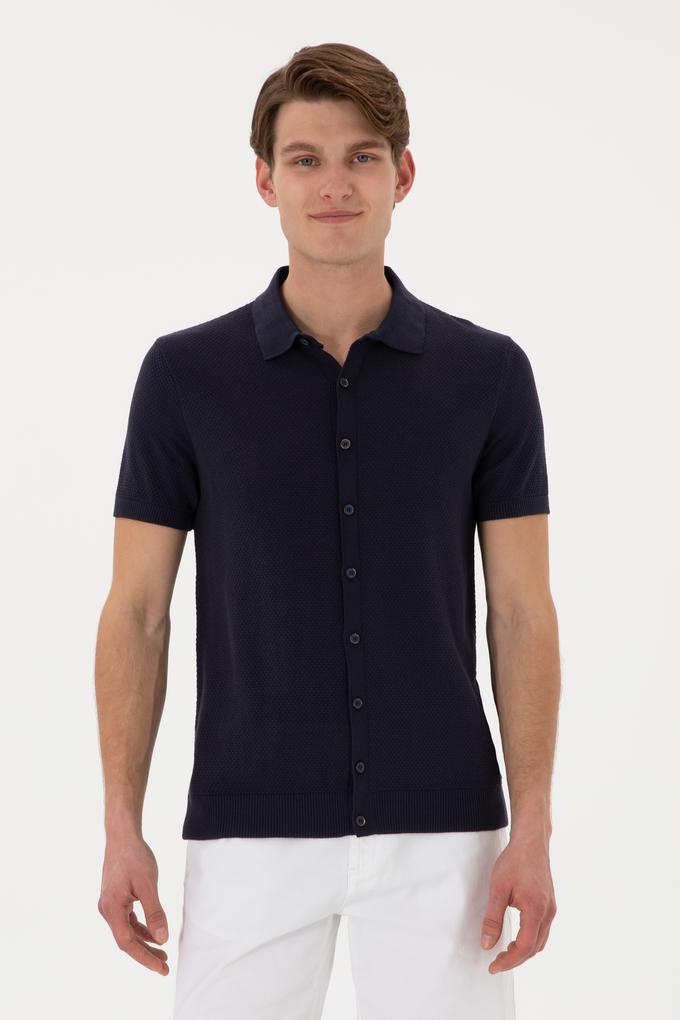Erkek Regular Fit Lacivert Düğmeli Triko Tişört