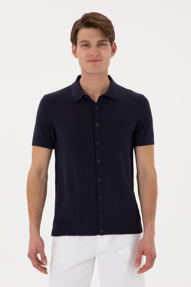 Erkek Regular Fit Lacivert Düğmeli Triko Tişört