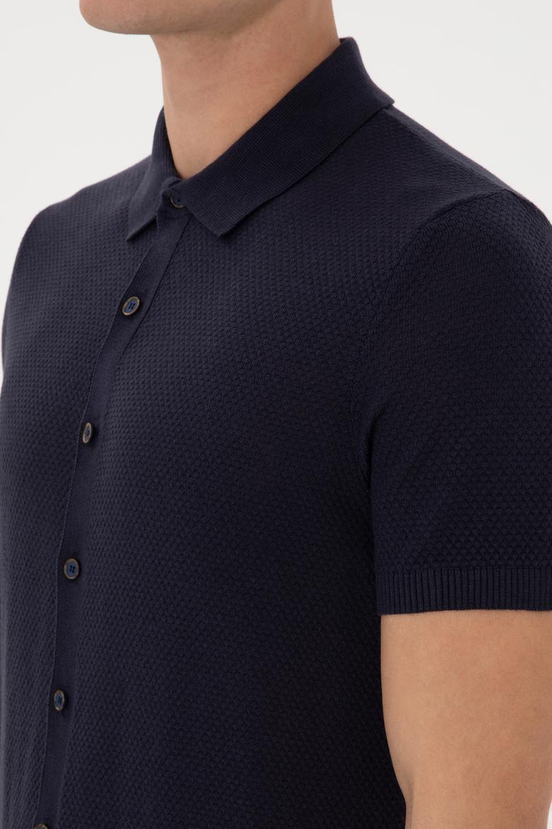 Erkek Regular Fit Lacivert Düğmeli Triko Tişört - 50306455033