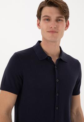 Erkek Regular Fit Lacivert Düğmeli Triko Tişört - 50306455033