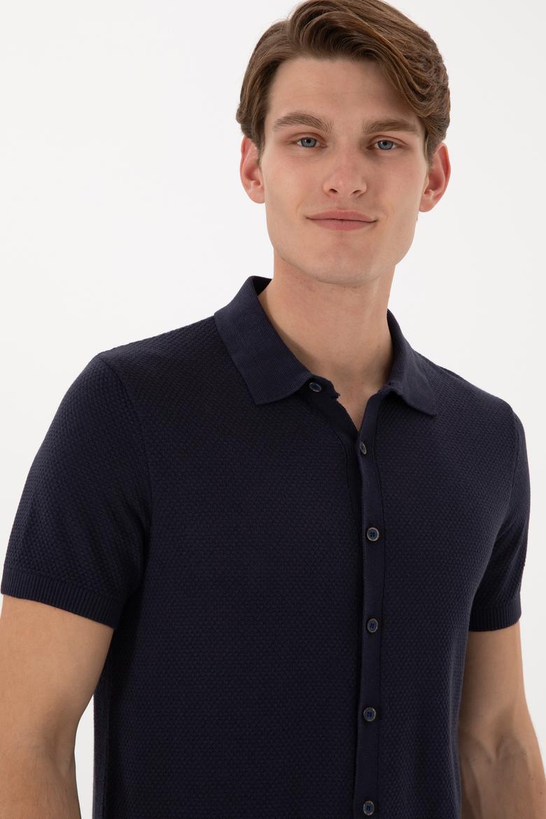 Erkek Regular Fit Lacivert Düğmeli Triko Tişört - 50306455033