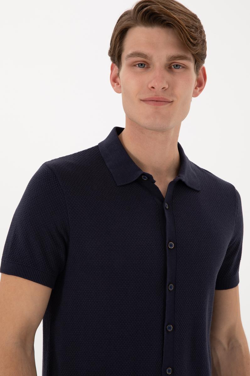 Erkek Regular Fit Lacivert Düğmeli Triko Tişört