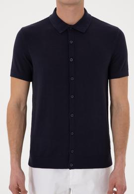 Erkek Regular Fit Lacivert Düğmeli Triko Tişört - 50306455033