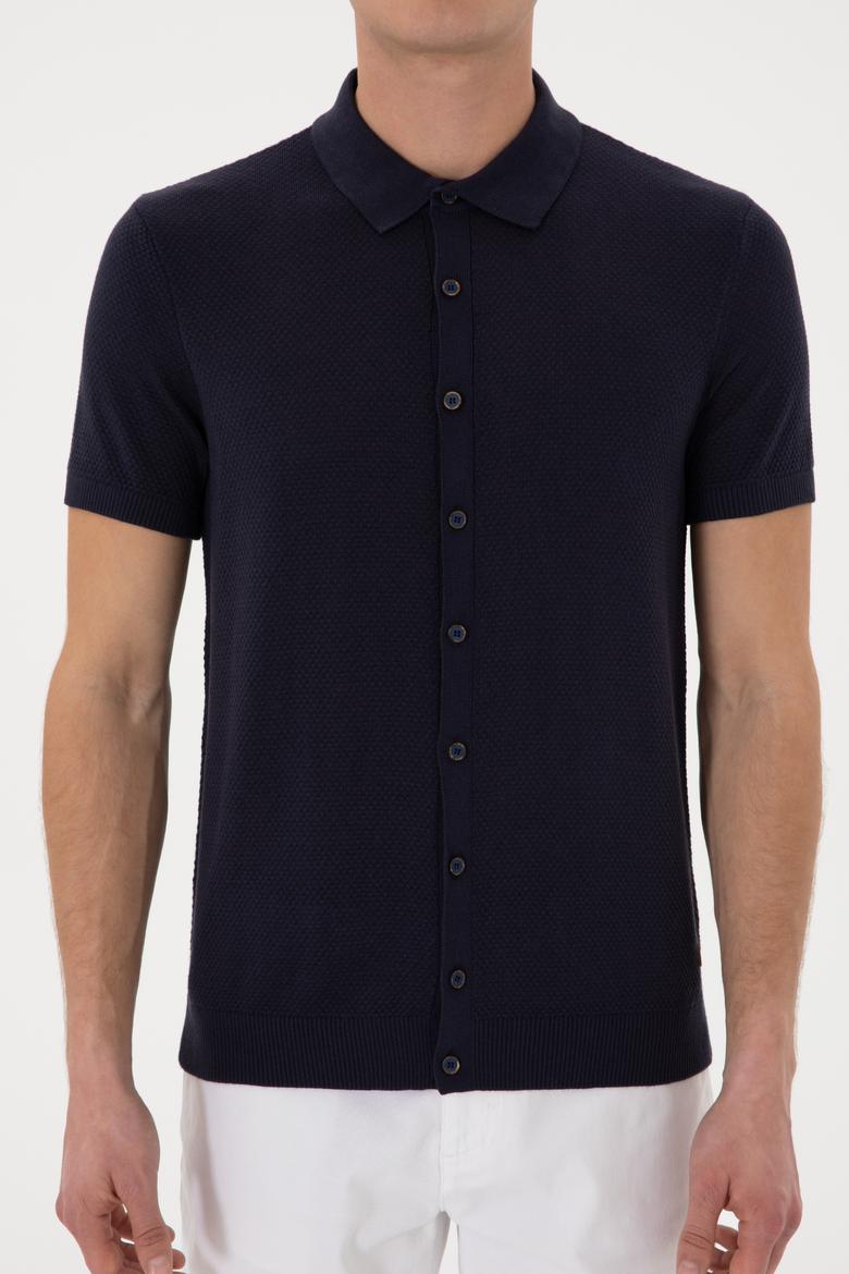 Erkek Regular Fit Lacivert Düğmeli Triko Tişört - 50306455033