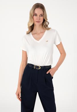 Kadın Beyaz Simli V Yaka Tişört - 50305781013