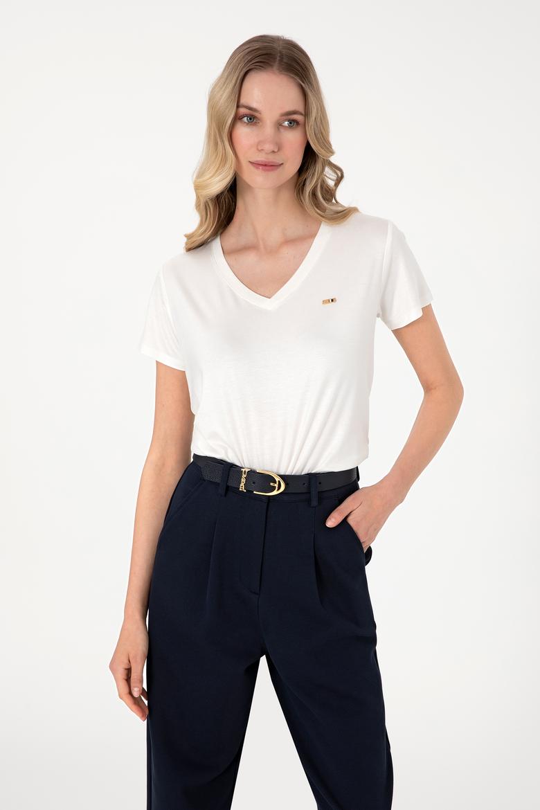 Kadın Beyaz Simli V Yaka Tişört - 50305781013